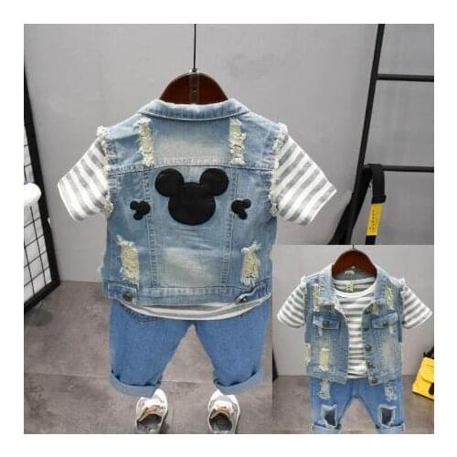 Childrens suit Baby boy child clothing sports suit 3 piece set casual wear fashion denim vest + striped T-shirt + hole shorts