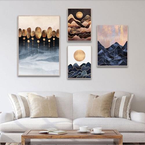 Golden Sun Poster Landscape Canvas Painting Mountain Sea Wall Art Print Nordic Picture For Living Room On The Wall Home Decor