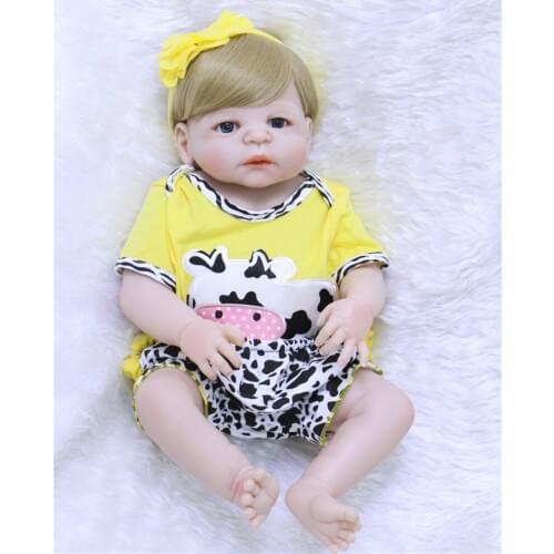 Blond hair girl doll reborn 22" 55cm full silicone reborn baby dolls cartoon Cows clothing with pacfier kids gift bonecas
