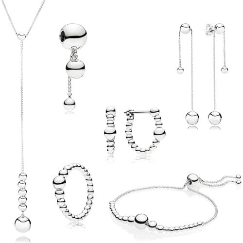 NEW 100% 925 Sterling Silver New String of Beads Collection Ring Hoop Earrings Necklace SLIDING BRACELET Hanging Charm