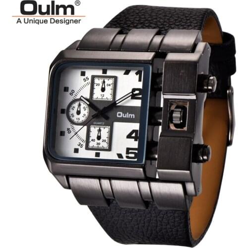 OULM Square Sports Watches Men Top Luxury Brand Big Quartz Wristwatch Wide PU Leather Strap Male Watch Relogio Masculino