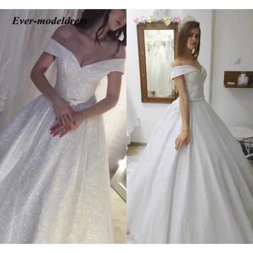 Shiny Princess Ball Gown Wedding Dresses 2021 New Lace Up Back Off Shoulder Bride Dress Vestido De Noiva Bridal Gowns Real Photo