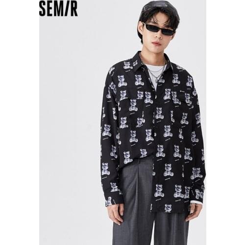 SEMIR Long Sleeve Shirt Men Autumn 2021 New Oversize Fashion Hong Kong Style Full Print Bear Graffiti MenS Shirts