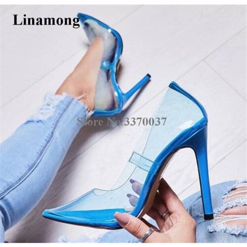 Newest Women Sexy Pointed Toe PVC Blue Yellow Pink Thin Heel Pumps Transparent Candy Colors High Heels Club Shoes Wedding Shoes