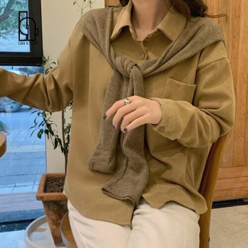 Luck A 2021 Women Autumn Solid Pocket Blouse Female Elegant With Shawl Lady Single Breasted Shirts Top Casual Streetwear