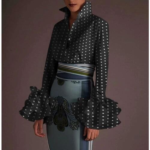 Lady Lapel Neck Button Women Shirts 2021 Casual Polka Dot Print Tops Puff Sleeve Blouse Shirt Autumn Long Sleeve Elegant Office