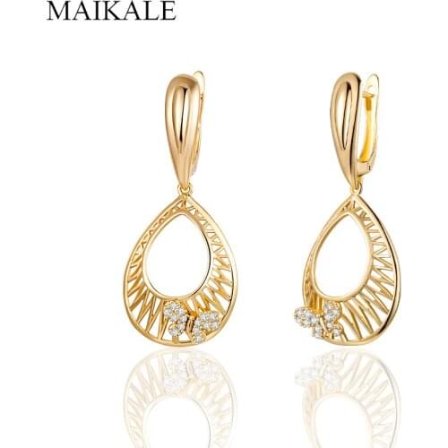 MAIKALE New Creative Dangle Hollow Gold Water Drop Earrings Butterfly Inlay Cubic Zirconia Earrings for Women Jewelry Gift