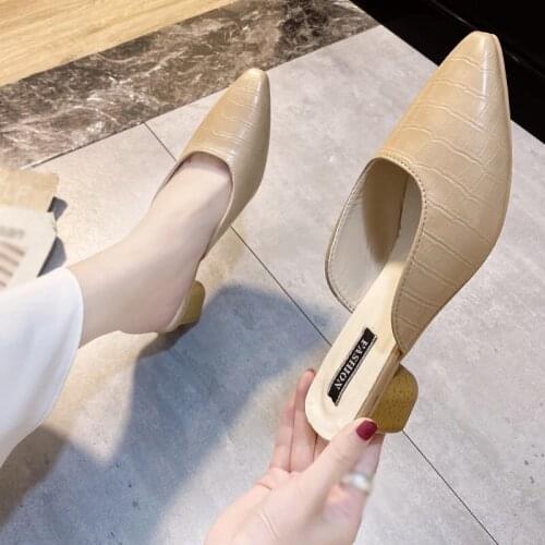 41 42 Plus Size Womens Block Heels, Fashionable Textured Pointed Mules, Korean Style Mid-heeled Half Shoes