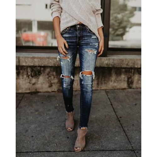2020 Spring Autumn blue Elastic high waist jeans women Slim Hole ripped skinny jeans Casual Stretch Skinny Trousers Pencil Pants