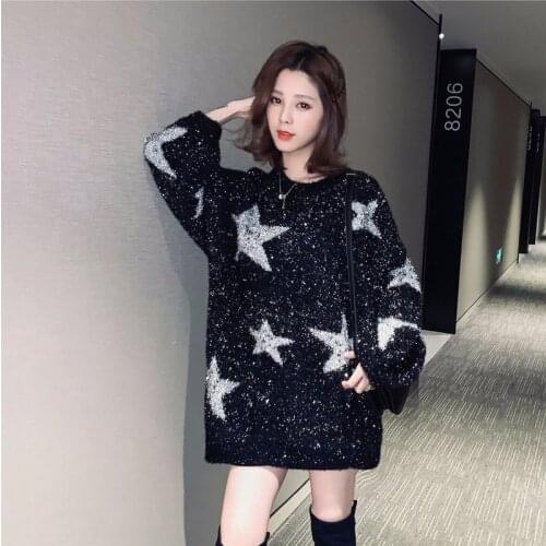 2020 Spring And Autumn New Korean Version Of The Round Neck Star Bright Silk Pullover Black Sweater Women Loose Sweater Shirt