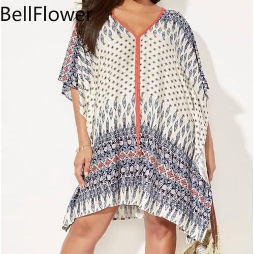 Swimsuit Cover Up Women Plus Size Dress Geometric Bohemia V Neck Loose Short Sleeve See Through Sexy Summer Smock Beach Wear