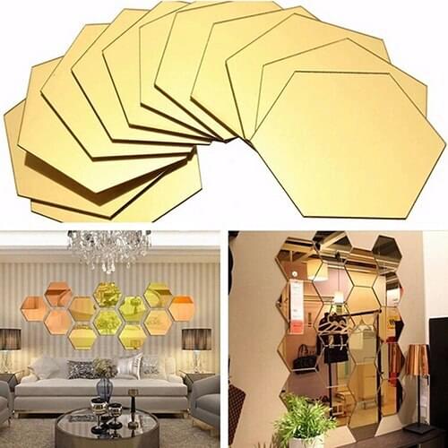 Fashion 12Pcs Geometric Hexagon 3D Art Mirror Wall Sticker Decal Home DIY Decor