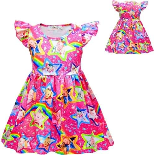 2020 JoJo Siwa Cute Girls Dress Kids Clothes Princess Cosplay Birthday Party Cartoon Rainbow Star Printed Summer Costumes 3-8T