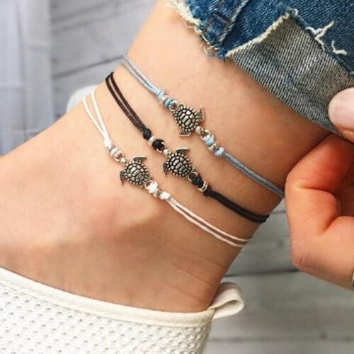 3 Pcs /Set Vintage Wax Rope Turtle Anklet Bracelet Ancient Silver Three-color Summer Style Beach Jewelry Accessories Girl Gift