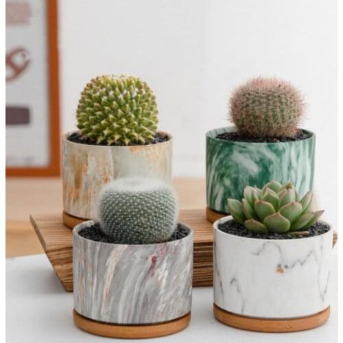 4pcs/set Colorful Marble Flower Pot with Tray Nordic Ceramic Round Green Plant Succulents Pot Home Office Desktop Mini Decor