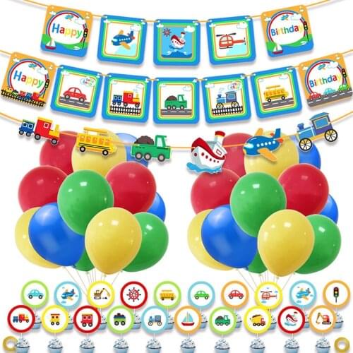 47pcs/set Transport Party Balloons Boys Party Banner Flags Cake Toppers Air Balls Cartoon Vehicle Birthday Party Decor Supplies