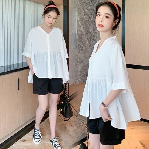 808# 2021 Summer Loose White Cotton Maternity Blouse Shirt Elastic Waist Belly Black Shorts for Pregnant Women Pregnancy