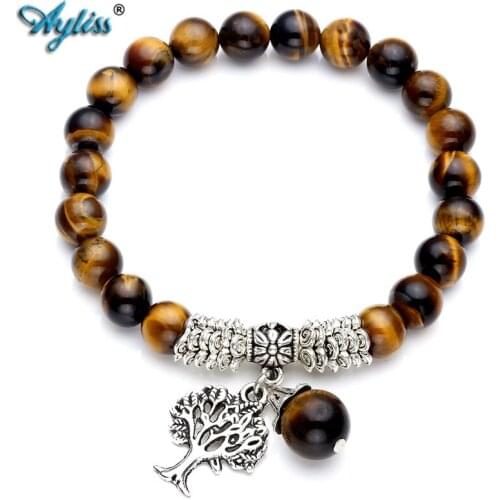 Ayliss 8MM Tiger Eye Beads Bracelets Natural Gem Stone Tree of Life Lucky Charm Stretch Reiki Healing Yoga Bracelets Jewelry