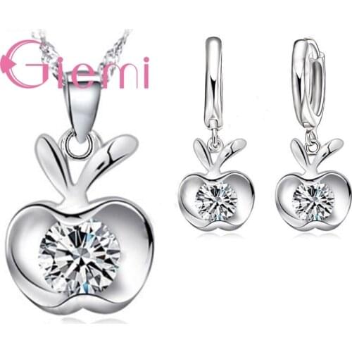 Free Shipping Exquisite Cute Apple Shape Earrings Necklace For Women Gift Jewellery Set 925 Sterling Silver and CZ