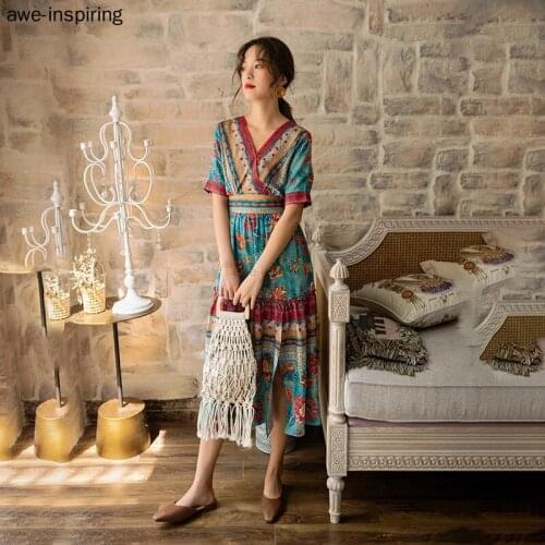 Long Boho Chiffon Women Dress Summer 2021 Ethnic Elegant Party Dress Printed Tropical Vintage Beach folk-custom Vacation Korean