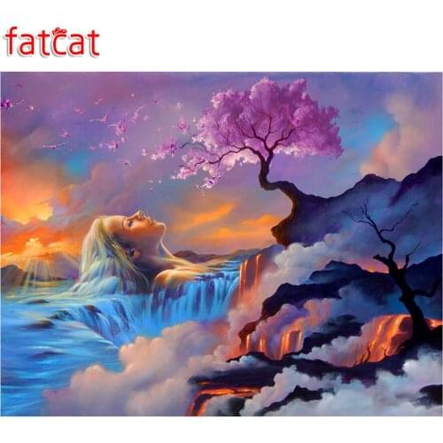FATCAT diamond painting abstract waterfall woman tree landscape full 5d diy diamond embroidery mosaic rhinestone paintings AE337
