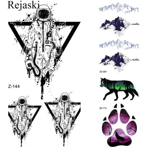 HOT Triangle Astronaut Tattoo Stickers Women Body Arm Triangle Temporary Tattoo Men Black Timber Flash Wolf Waterproof Tatoos