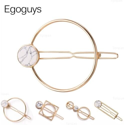 Elegant Natural Stone Marbling Hair Clips Geometric Circle Square Hairpins Women Girls Barrettes Retro Metal Hair Styling Tools
