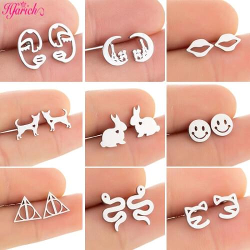 Tiny Stainless Steel Stud Earrings for Women Kid Cute Animal Snake Rabbit Dog Cat Elephan Earring Smiling Face Ear Studs Jewelry