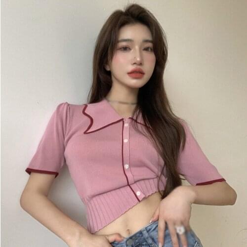 Summer Versatile Thin Lapel Slim Fit Short Sleeve Knitted Cardigan Camisas De Mujer Top Femme College Style Polo Shirts