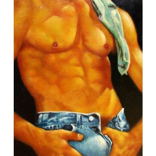 Huge GAY oil painting male portrait Wearing jeans handpainted canvas 36"