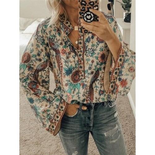 Autumn Women Blouse Long Sleeve Shirt Stand Collar Print Loose Shirts Blouse Boho Top Womens Tops And Blouses Office Lady Shirt