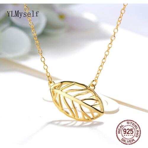 Real 925 Sterling Silver Choker Necklace 40+45cm Chain, Big Leaf Design White/Gold Color OL Fine Jewelry