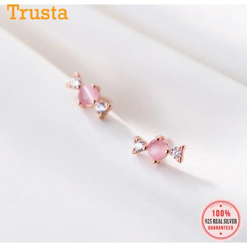 Trustdavis Genuine 925 Sterling Silver Synthetic Powder Crystal Candy Stud Earrings For Women Valentines Day Fine Jewelry DS665