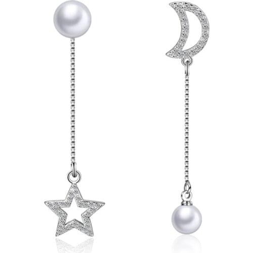 Hight Quality New Fashion Star Moon Shiny Zircon Pearl 925 Sterling Silver Stud Earrings for Women Jewelry Gift Wholesale