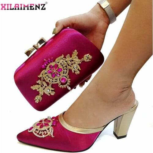 High Quality Nigerian High Heels Woman Slipper And Purse Set For Party African Women Wedding Magenta Color Shoes and Bag Set