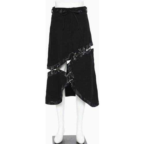 SeeBeautiful Printing Irregular Cut Denim Stitching A-line Half-body Skirt Lace-up New Fashion Summer Autumn 2021 Woman G100