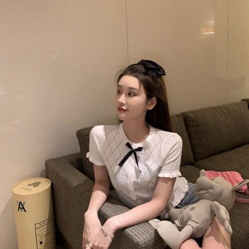 Womens Early Spring Sweet Bow Short Hollow-out T-shirt Top