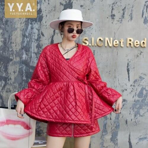 Harajuku Fashion Women Sheepskin Genuine Leather Jacket Warm Ruffles Skirt Coat V Neck Flare Sleeve Jacket Colors Streetwear