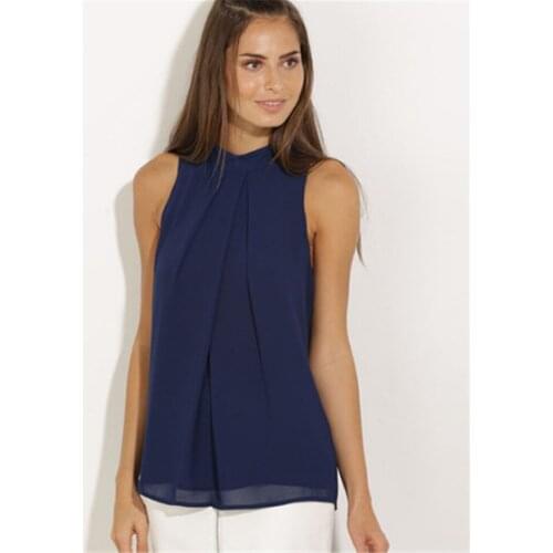 Chiffon Blouses Women Sleeveless Fold Halter Solid Navy Blue Summer 2021 Casual Female Tops Plus Size Ladies Shirts S-4XL