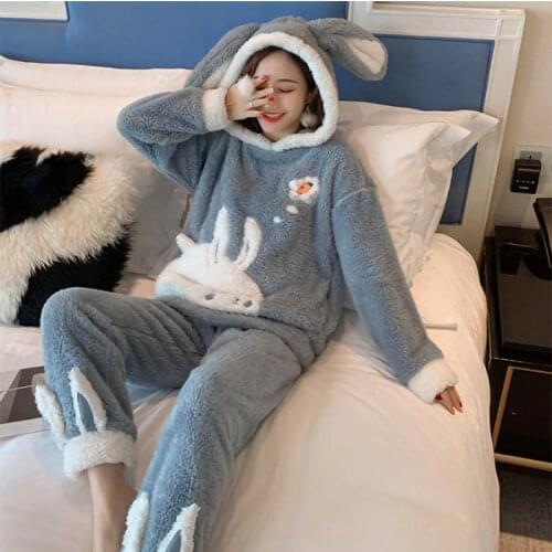 Women Pyjamas Sets Warm Coral Velvet Pajamas Suit Flannel Long Sleeve Pyjamas Femme Cartoon Rabbit Pijama Home Clothes Sleepwear
