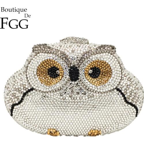 Boutique De FGG Dazzling Silver Owl Clutch Women Crystal Evening Bag Wedding Cocktail Party Diamond Minaudiere Handbag and Purse