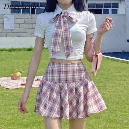 JapaneseFashion Women JK Uniform Plaid Suit Summer Kawaii Bow White Shirt Cute Pleated Mini High Waist Skirt Two-Piece Set