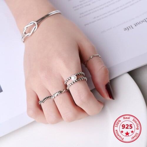 925 Sterling Silver Ring Simple European American Retro Vintage Pearl Twist Open Rings Women Jewelry