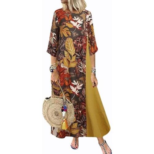 Plus Size Women Dress Casual Loose Fashion Vintage Leaf Print Loose Long Length Ladies Retro Printed Shopping Dresses