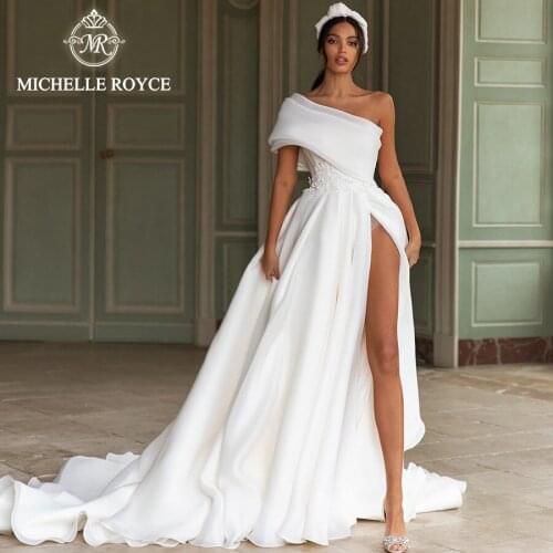 Michelle Royce A-Ling Wedding Dresses 2021 Sexy One Shoulder Strapless Appliques Bow Chapel Train Bridal Gowns Vestido De Noiva