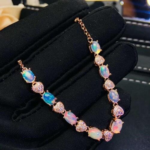 100% Natural And Real Opal bracelet Solid S925 Sterling Silver For Women Colour Gem Stone Rings Fine Jewelry