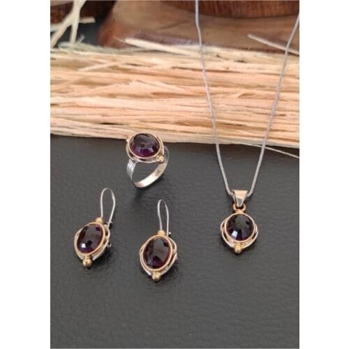2021 YENİ Aykat Ametist Taşlı Otantik Gümüş Yüzük Küpe Kolye Takım Set