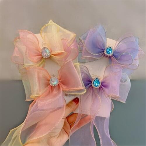6pcs/Lot Korean Rainbow Mesh Hair Bows Princess Crystal Hair Clips Gradient Color Girls Hairpin Dance Party Barrettes Headwear