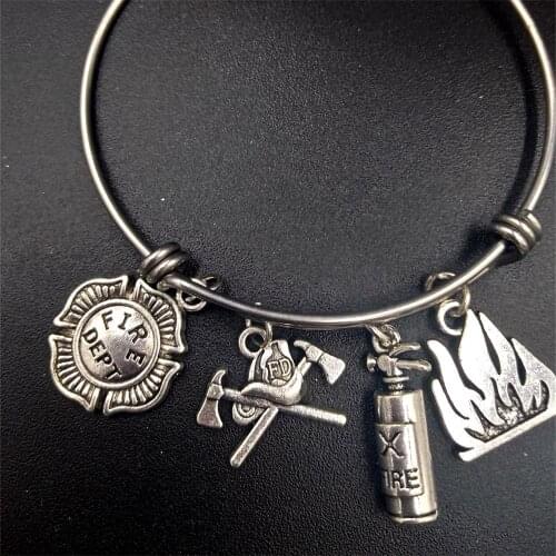 64mm Wholesale Bulk Stainless Steel Adjustable Wire Bangle Charm Bracelet Fireman Firefighter Family Jewelry Gifts for Wife Mom