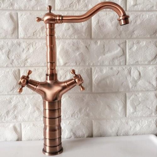 Antique Red Copper Brass Kitchen Bathroom Vessel Sink Single Hole Basin Swivel Spout Faucet Dual Cross Handles Water Tap arg055